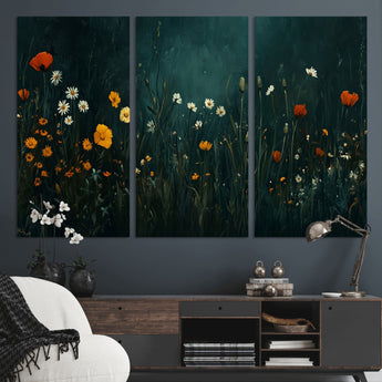 87037-MGV-CV-36X24-Wildflower Wall Art – Dark Botanical Floral Canvas Print, Modern Nature Painting Poster with Daisies Poppies Orange Flowers for