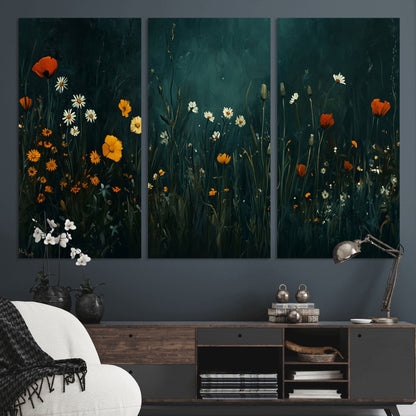 87037-MGV-CV-36X24-Wildflower Wall Art – Dark Botanical Floral Canvas Print, Modern Nature Painting Poster with Daisies Poppies Orange Flowers for