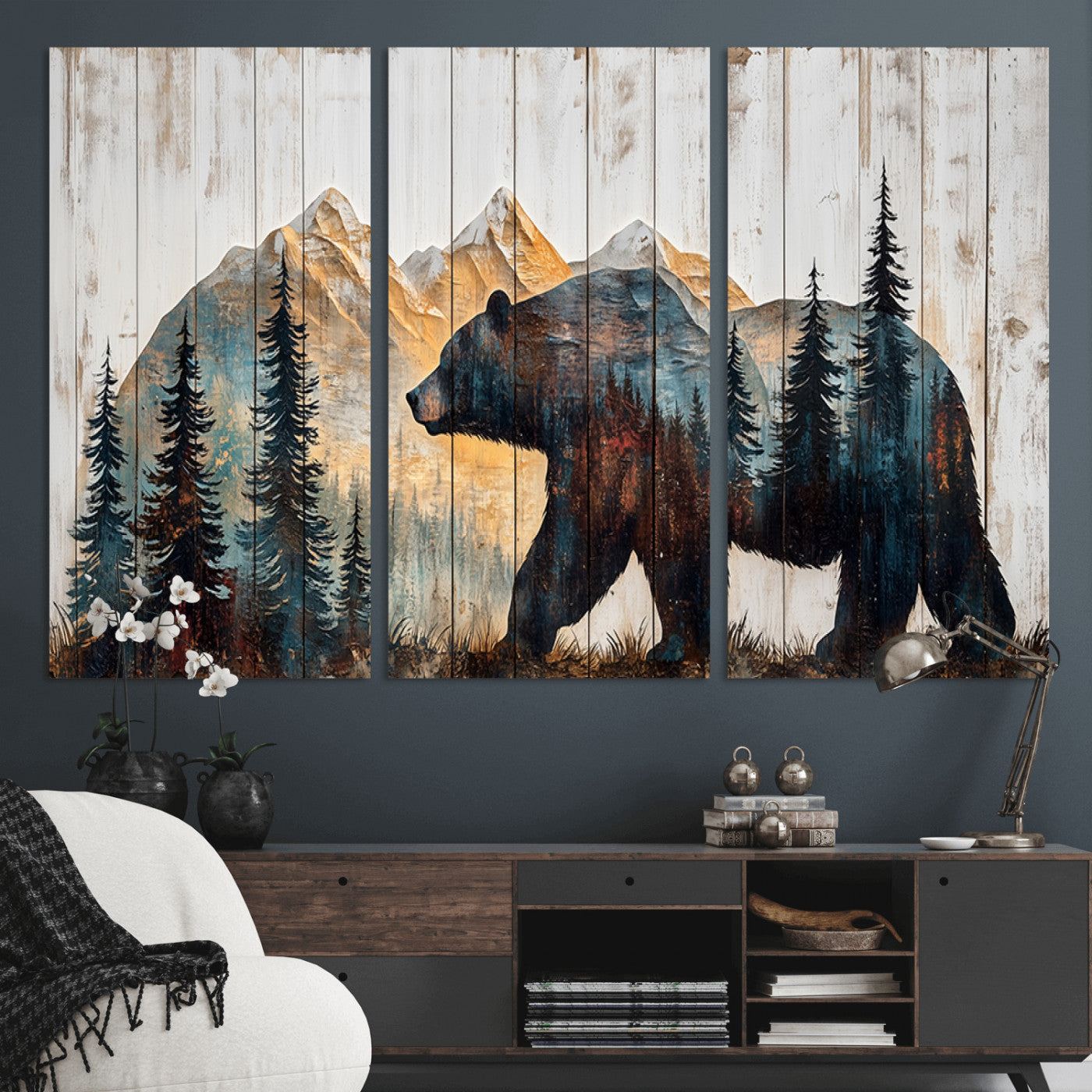 90077-MGV-CV-36X24-Wood Grizzly Bear Wall Art Canvas Print, Framed Abstract Bear Art Picture Print, Bear in Forest Perfect Rustic Lodge Decor Artwork