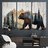 90077-MGV-CV-36X24-Wood Grizzly Bear Wall Art Canvas Print, Framed Abstract Bear Art Picture Print, Bear in Forest Perfect Rustic Lodge Decor Artwork