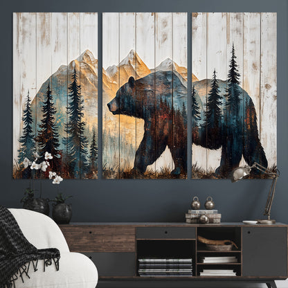 90077-MGV-CV-36X24-Wood Grizzly Bear Wall Art Canvas Print, Framed Abstract Bear Art Picture Print, Bear in Forest Perfect Rustic Lodge Decor Artwork