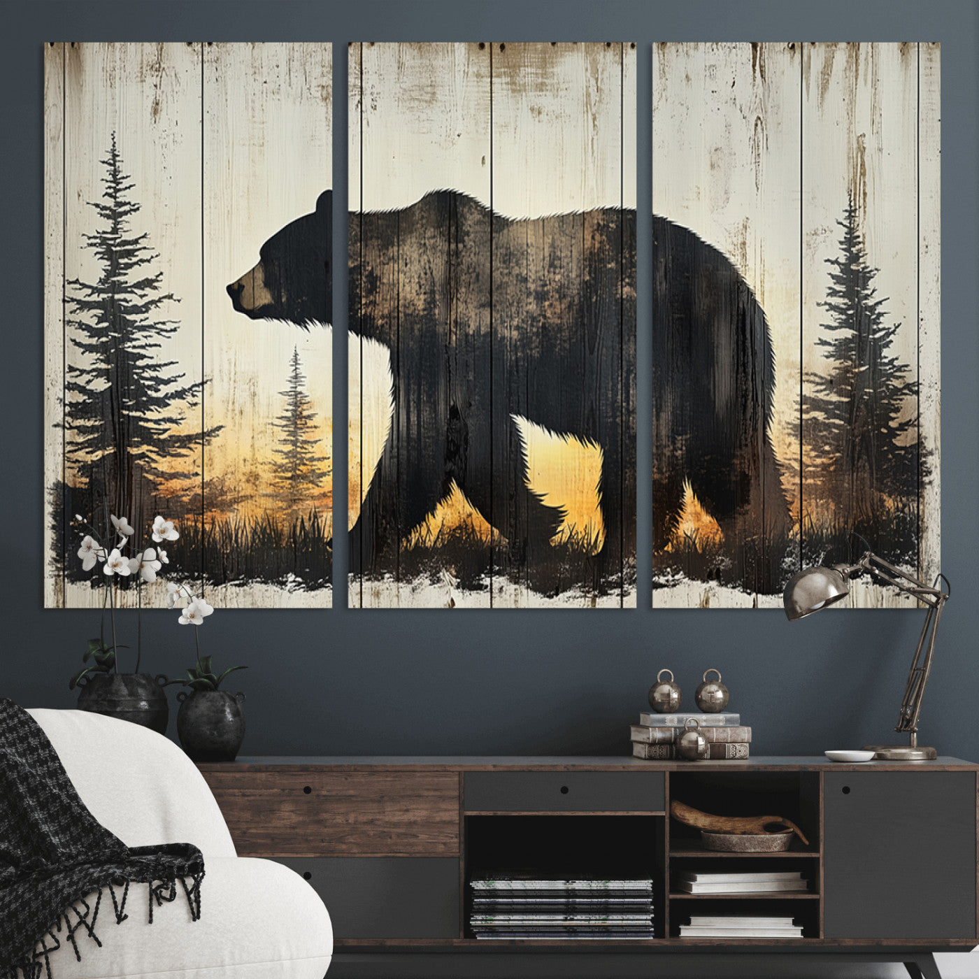 83875-MGV-CV-36X24-Sunset Bear Wall Art – Rustic Wildlife Canvas Print with Forest Silhouette, Cabin Lodge Decor for Living Room or Office