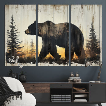 83875-MGV-CV-36X24-Sunset Bear Wall Art – Rustic Wildlife Canvas Print with Forest Silhouette, Cabin Lodge Decor for Living Room or Office