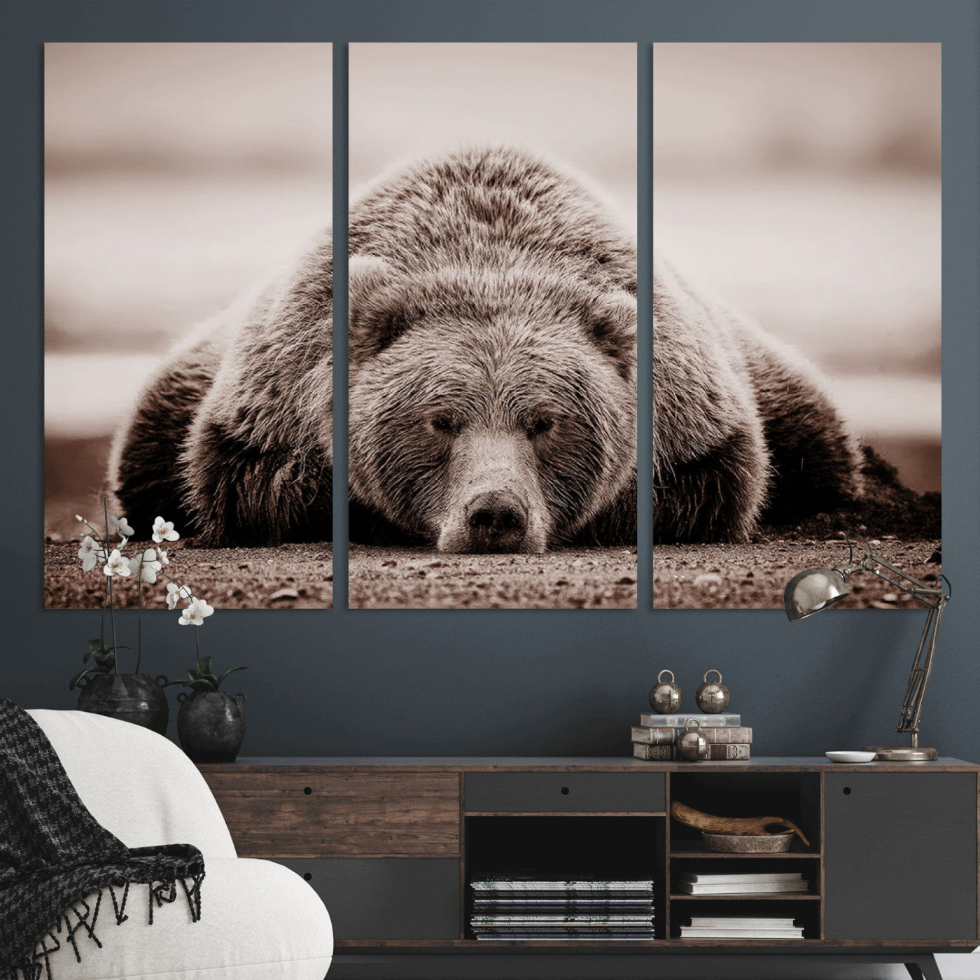 20611-MGV-CV-36X24-Grizzly Bear Wall Art – Majestic Wildlife Sepia Canvas Print, Rustic Nature Animal Artwork for Cabin, Lodge, Living Room, Bedroom,