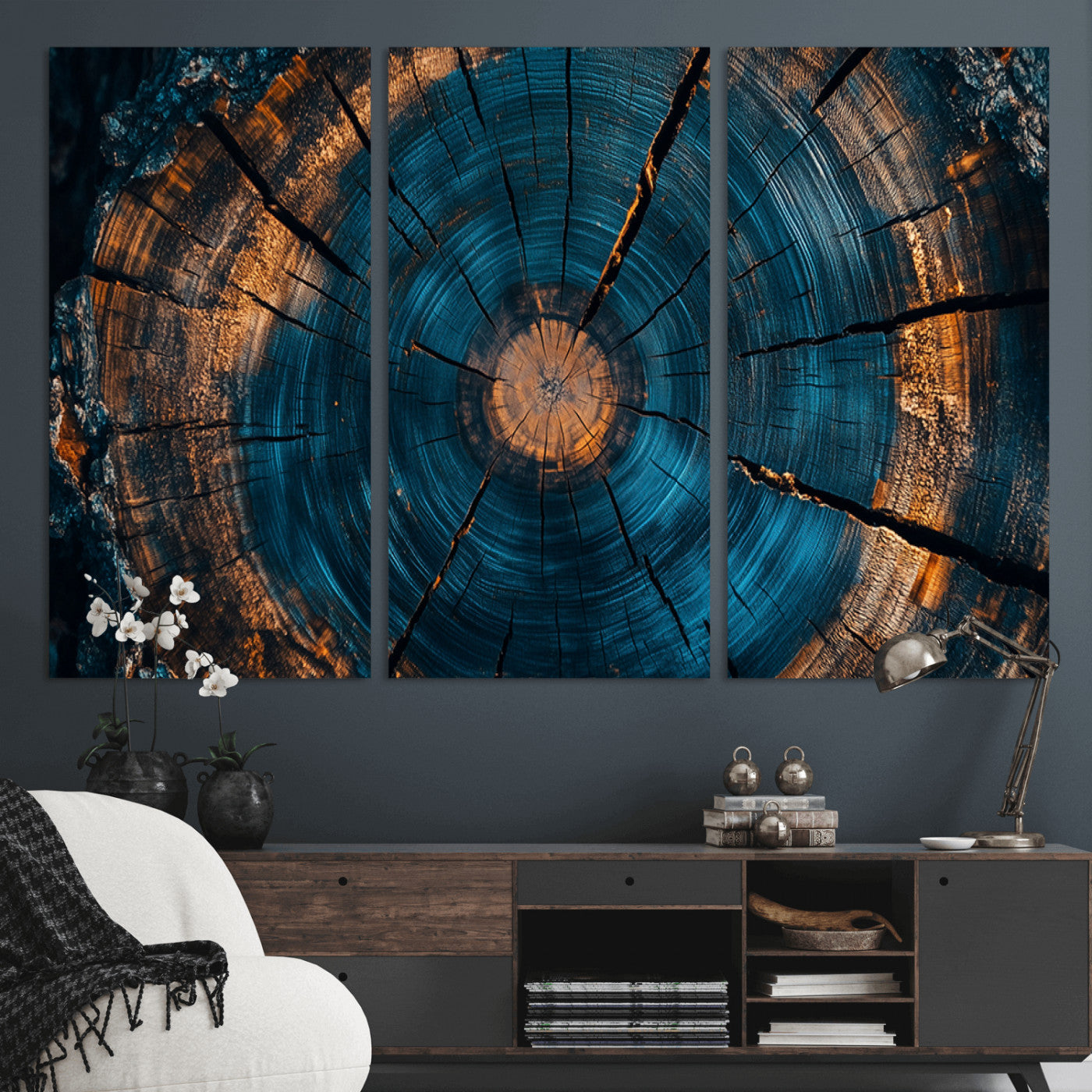 65231-MGV-CV-48X32-3P-Blue and Gold Tree Ring Wall Art – Rustic Abstract Wood Slice Canvas Print, Modern Nature Inspired Artwork for Living Room,