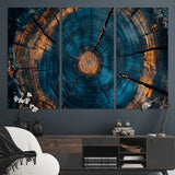 65231-MGV-CV-48X32-3P-Blue and Gold Tree Ring Wall Art – Rustic Abstract Wood Slice Canvas Print, Modern Nature Inspired Artwork for Living Room,