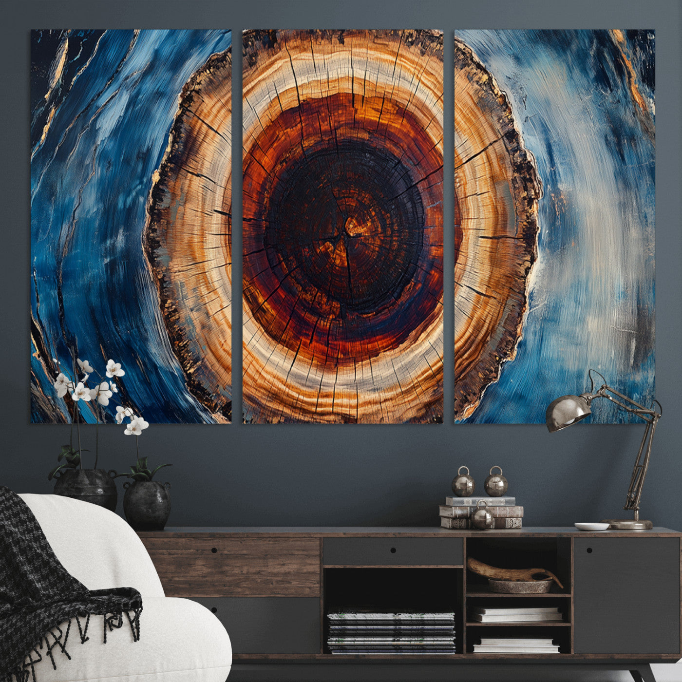 30457-MGV-CV-36X24-Tree Ring Abstract Wall Art – Blue and Brown Wood Grain Canvas Print, Modern Nature Inspired Painting for Rustic Living Room,