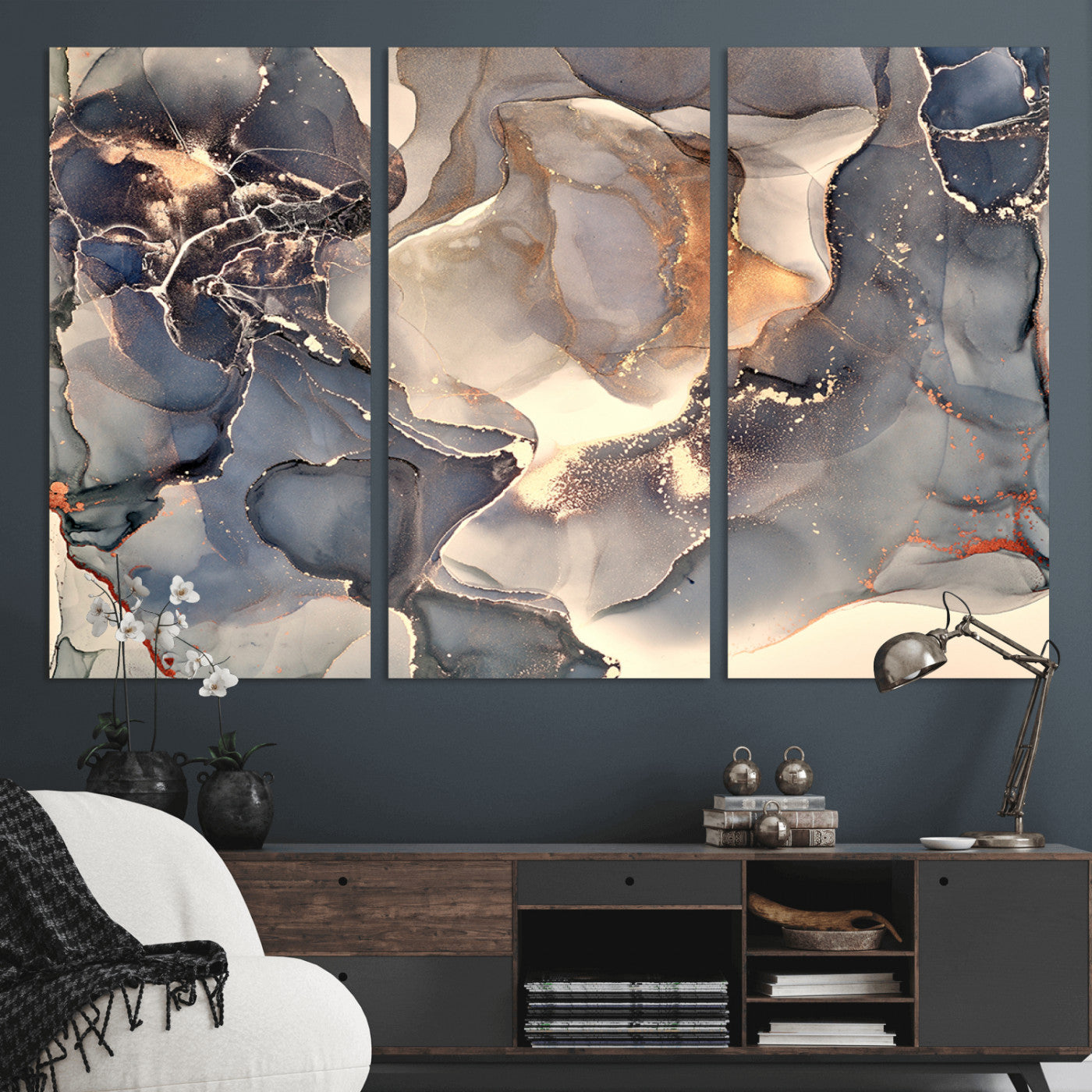 18202-MGV-CV-36X24-Abstract Neutral Wall Art – Blue, Beige and Gold Fluid Ink Canvas Print, Modern Minimalist Painting for Living Room, Office