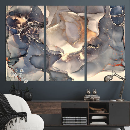 18202-MGV-CV-36X24-Abstract Neutral Wall Art – Blue, Beige and Gold Fluid Ink Canvas Print, Modern Minimalist Painting for Living Room, Office