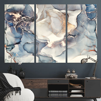 51497-MGV-CV-48X32-3P-Abstract Blue and Gold Wall Art – Modern Fluid Ink Style Canvas Print, Elegant Contemporary Decor for Living Room, Office