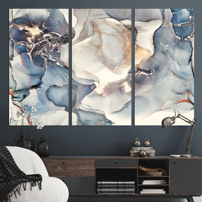 51497-MGV-CV-48X32-3P-Abstract Blue and Gold Wall Art – Modern Fluid Ink Style Canvas Print, Elegant Contemporary Decor for Living Room, Office