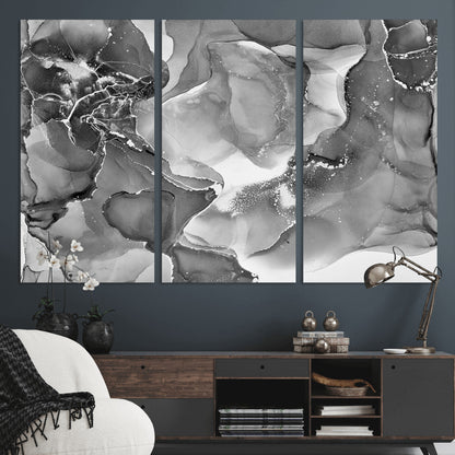 15911-MGV-CV-48X32-3P-Black and White Abstract Wall Art – Modern Ink Swirl Canvas Print, Minimalist Contemporary Painting for Living Room, Bedroom,