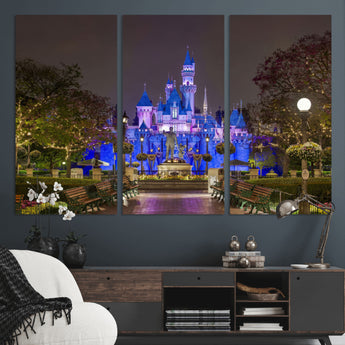 63560-MGV-CV-36X24-Fairy Tale Castle Wall Art – Magical Night Scene Canvas Print with Lights and Gardens, Fantasy Architecture Artwork for Living