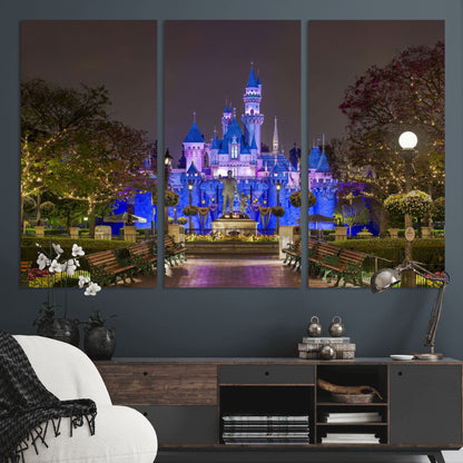 63560-MGV-CV-36X24-Fairy Tale Castle Wall Art – Magical Night Scene Canvas Print with Lights and Gardens, Fantasy Architecture Artwork for Living