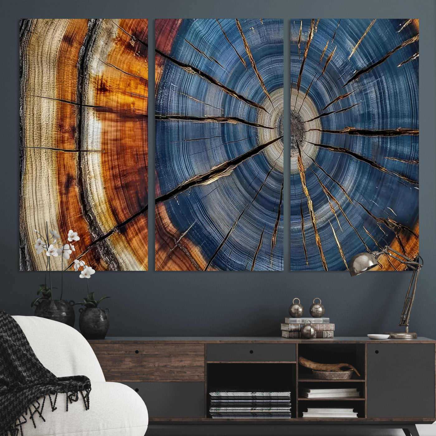10583-MGV-CV-36X24-Tree Ring Wall Art – Abstract Wood Grain Canvas Print with Blue and Brown Tones, Nature Inspired Rustic Artwork for Living Room,