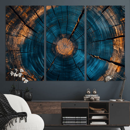 13398-MGV-CV-36X24-Tree Ring Wall Art – Abstract Wood Grain Canvas Print with Blue and Orange Accents, Rustic Nature Inspired Artwork for Living