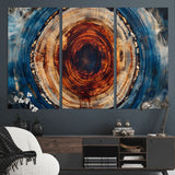 90395-MGV-CV-48X32-3P-Tree Ring Wall Art – Abstract Wood Grain Canvas Print with Fiery Red and Blue Tones, Bold Rustic Nature Inspired Artwork Decor for
