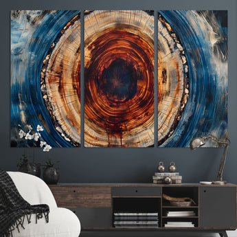 90395-MGV-CV-48X32-3P-Tree Ring Wall Art – Abstract Wood Grain Canvas Print with Fiery Red and Blue Tones, Bold Rustic Nature Inspired Artwork Decor for