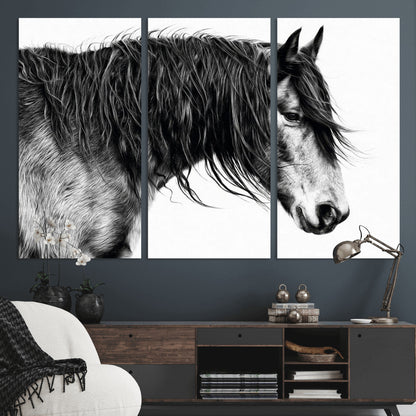 57694-MGV-CV-36X24-Horse Portrait Wall Art – Black and White Canvas Print with Detailed Stallion Profile, Rustic Farmhouse Equestrian Artwork for