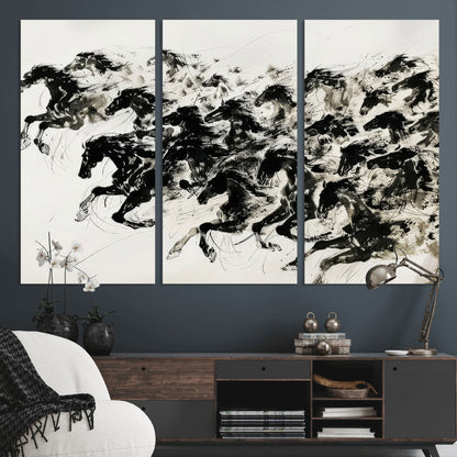 23069-MGV-CV-36X24-Galloping Horses Wall Art – Black Ink Painting on Canvas, Dynamic Equestrian Artwork with Running Stallions, Expressive Modern