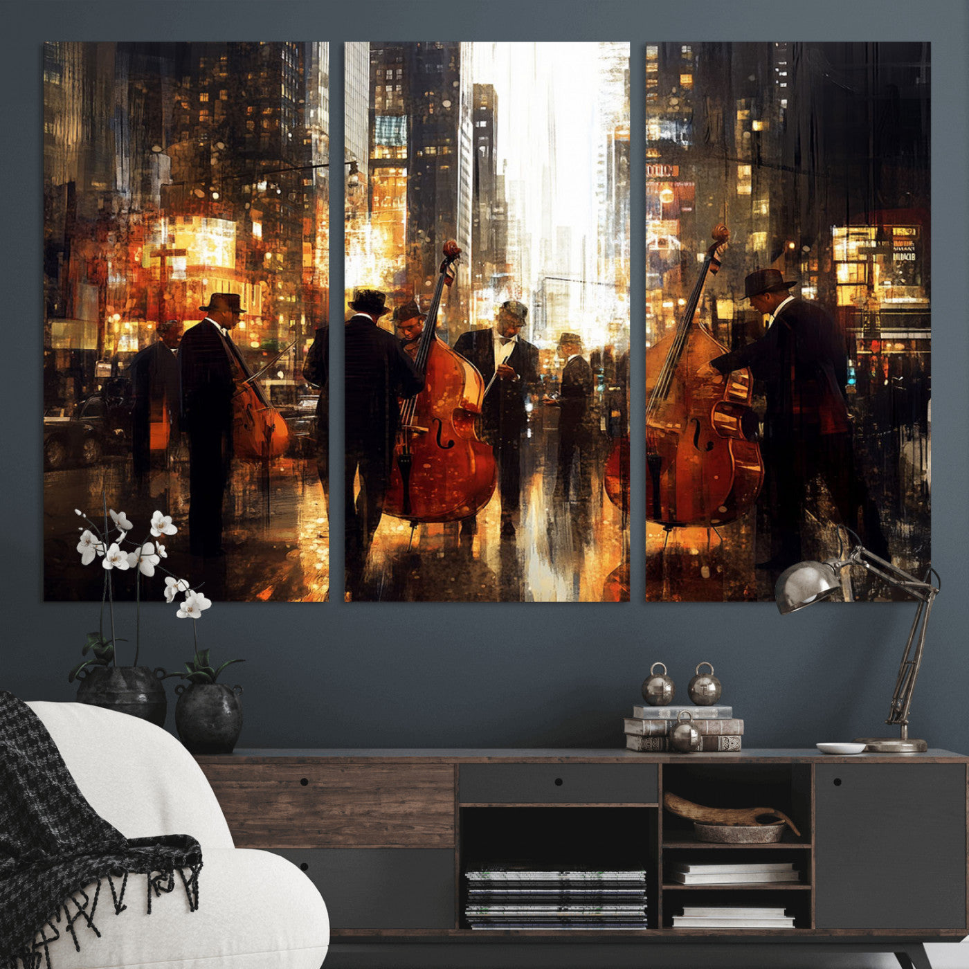 58782-MGV-CV-36X24-Jazz Musicians Cityscape Wall Art – Vibrant Urban Night Canvas Print, Elegant Music Themed Decor for Living Room, Office, or Music