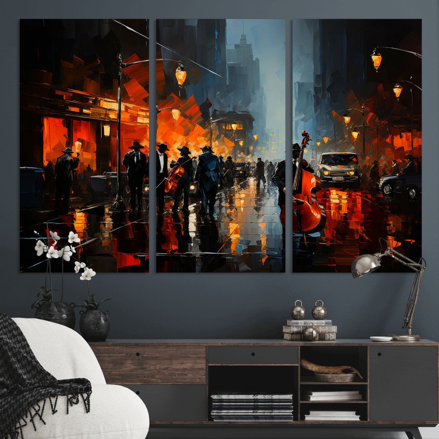 46538-MGV-CV-36X24-Urban Jazz Night Wall Art – Dramatic Music Canvas Print with Double Bass and Street Musicians, Modern City Scene Artwork for