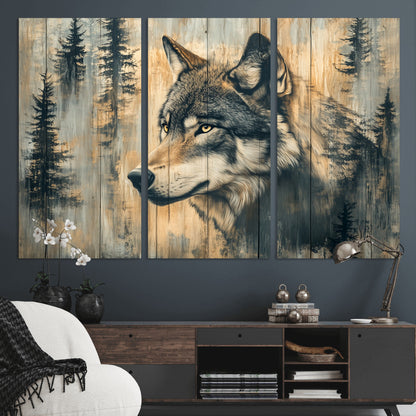 51892-MGV-CV-36X24-Wolf Wall Art – Rustic Canvas Print of Wolf with Forest Trees on Wood Texture, Wildlife Lodge Artwork for Living Room, Bedroom,
