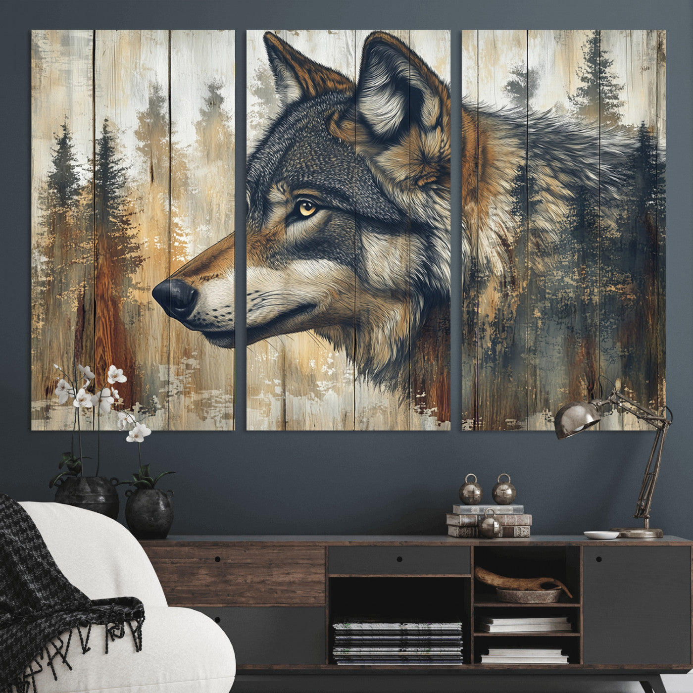 91882-MGV-CV-36X24-Wolf Wall Art – Rustic Canvas Print of Forest Wolf on Wood Background, Wildlife Lodge Artwork for Living Room, Bedroom, Cabin, or
