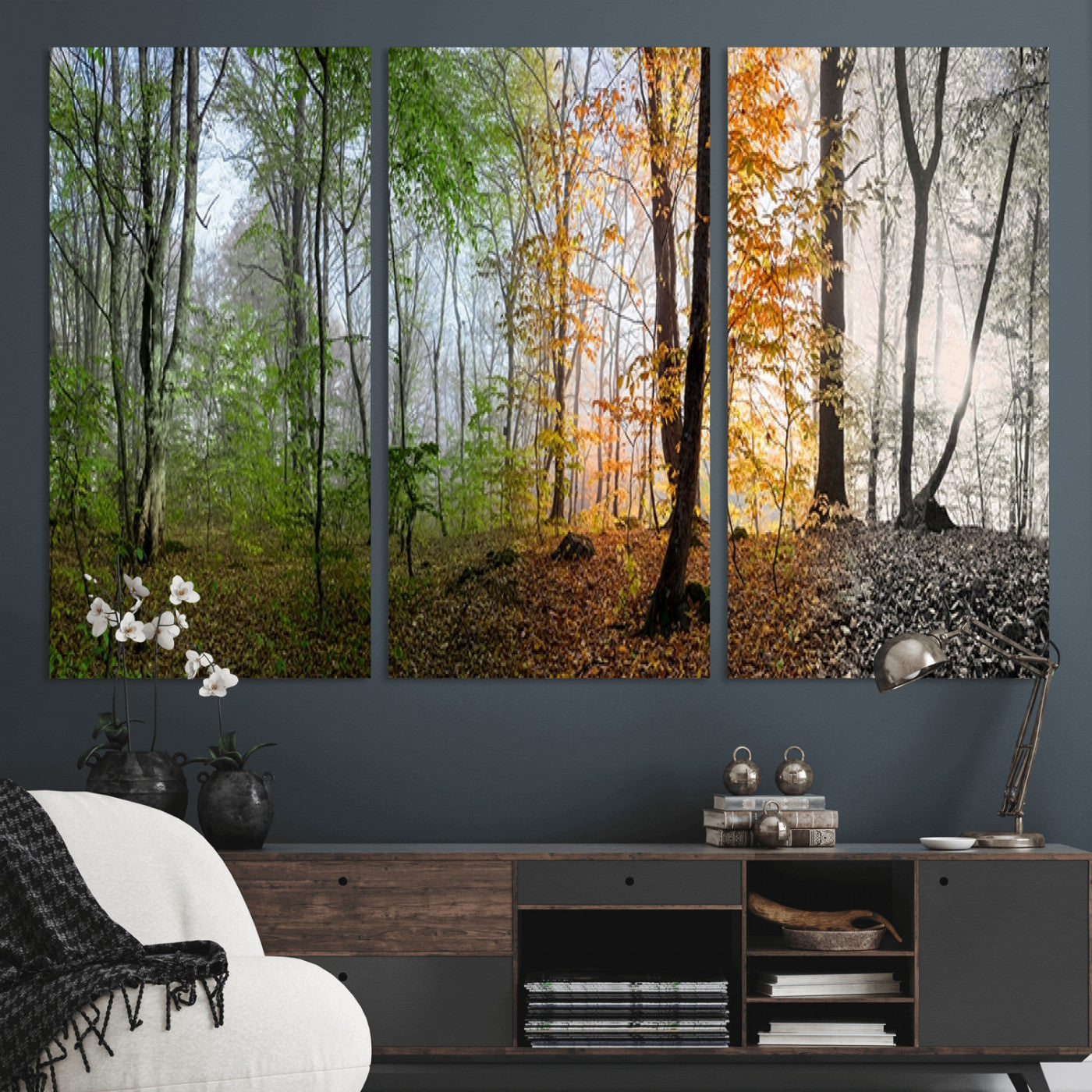 95317-MGV-CV-36X24-Four Seasons Forest Wall Art – Panoramic Nature Canvas Print Showing Spring, Summer, Autumn and Winter Landscape for Living Room,