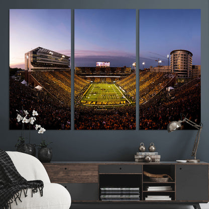 82557-MGV-CV-36X24-College Football Stadium Wall Art – Panoramic Sunset Canvas Print with Marching Band and Game Day Crowd, Sports Artwork for Man