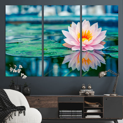 30320-MGV-CV-36X24-Pink Water Lily Wall Art – Lotus Flower Canvas Print with Reflection Water, Peaceful Botanical Artwork for Living Room, Bedroom,