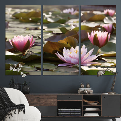 28394-MGV-CV-36X24-Water Lily Pond Wall Art – Pink Lotus Flowers Canvas Print with Green Lily Pads, Peaceful Botanical Artwork for Living Room,
