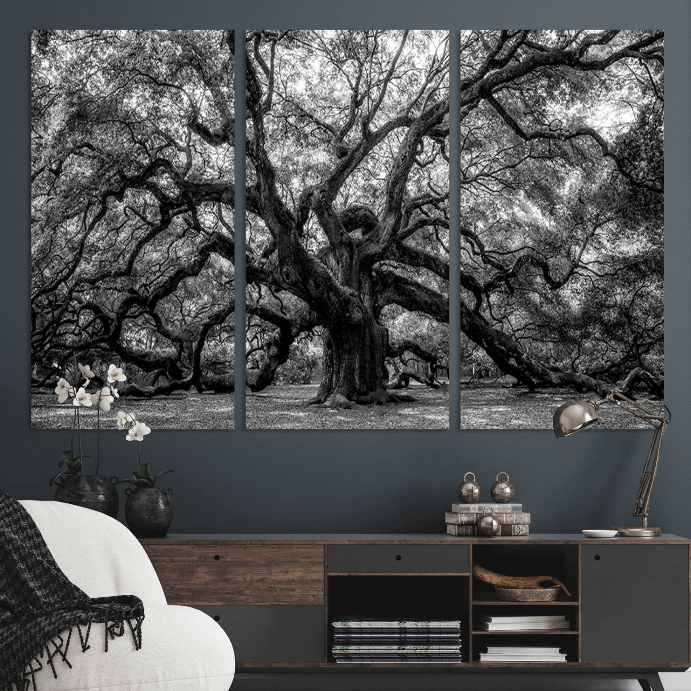 132944706-MGV-CV-36X24-Ancient Tree Wall Art – Black and White Photography Canvas Print Featuring Majestic Twisting Branches, Rustic Nature Artwork for