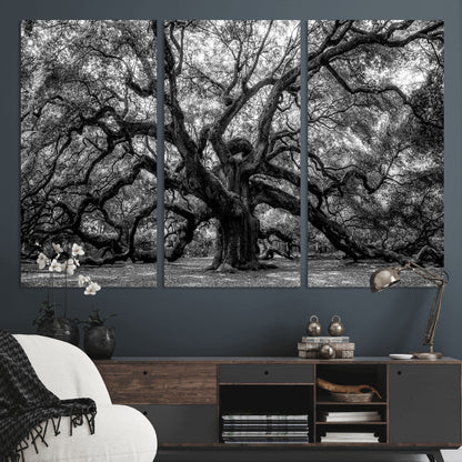 132944706-MGV-CV-36X24-Ancient Tree Wall Art – Black and White Photography Canvas Print Featuring Majestic Twisting Branches, Rustic Nature Artwork for