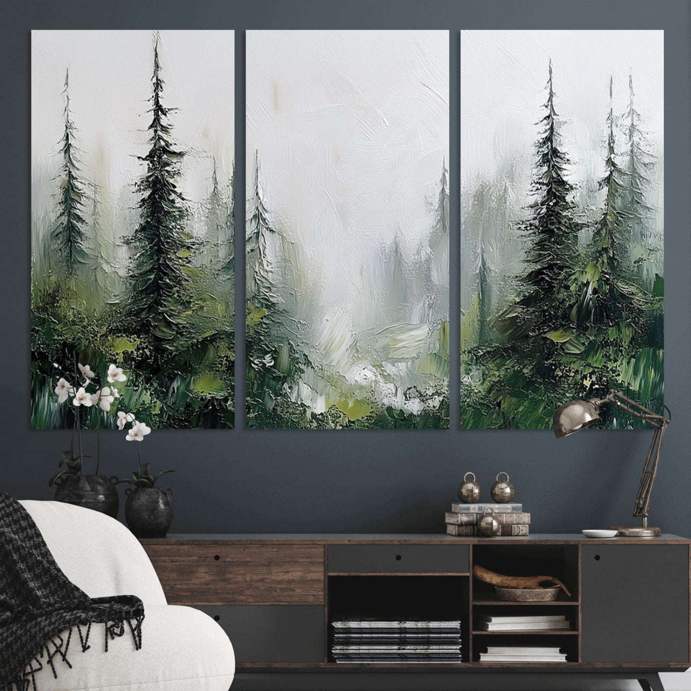 76014-MGV-CV-36X24-Forest Wall Art – Textured Canvas Print Featuring Misty Evergreen Pines and Woodland Landscape, Rustic Nature Artwork for Living