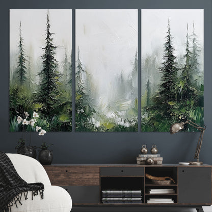 76014-MGV-CV-36X24-Forest Wall Art – Textured Canvas Print Featuring Misty Evergreen Pines and Woodland Landscape, Rustic Nature Artwork for Living