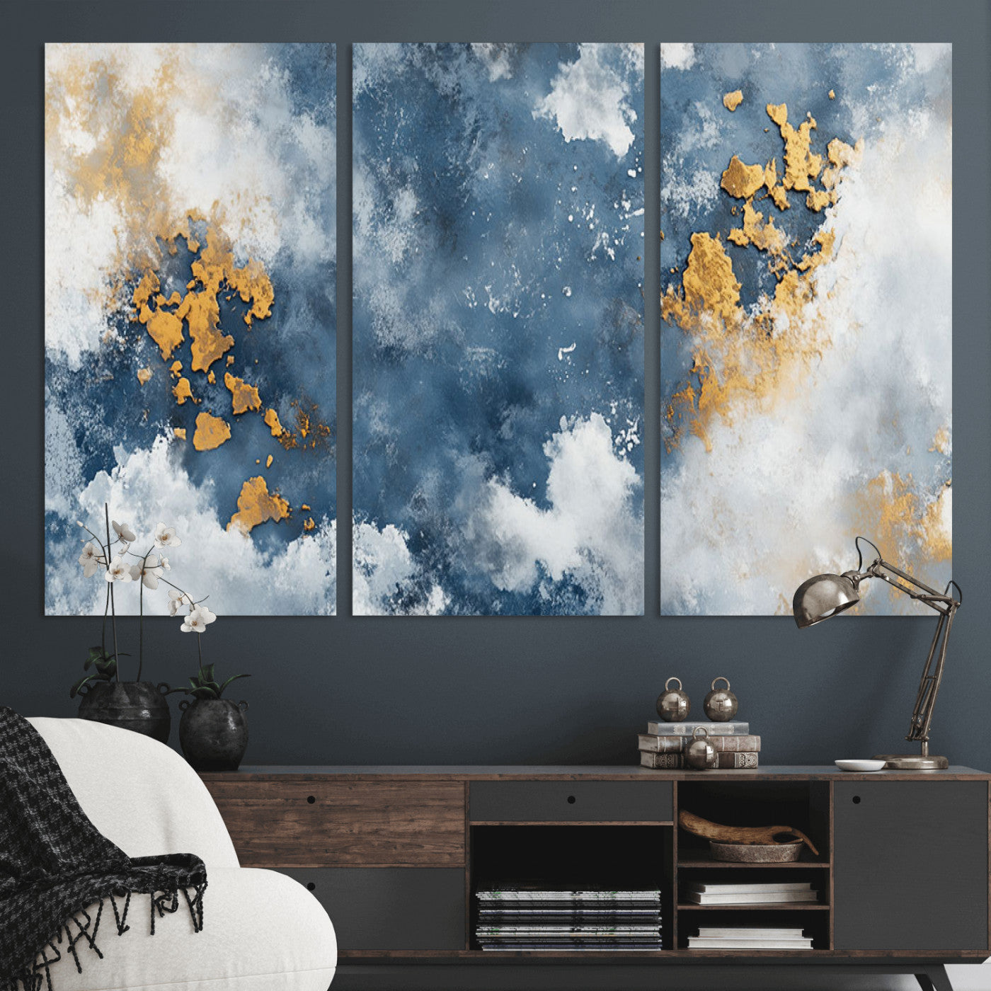 39575-MGV-CV-36X24-Blue and Gold Abstract Wall Art – Modern Canvas Print Featuring Cloudy Textures with Metallic Accents, Contemporary Artwork for