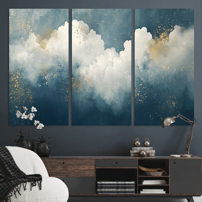 75131-MGV-CV-36X24-Abstract Cloud Wall Art – Modern Canvas Print Featuring Blue and White Clouds with Golden Accents, Contemporary Artwork for Living