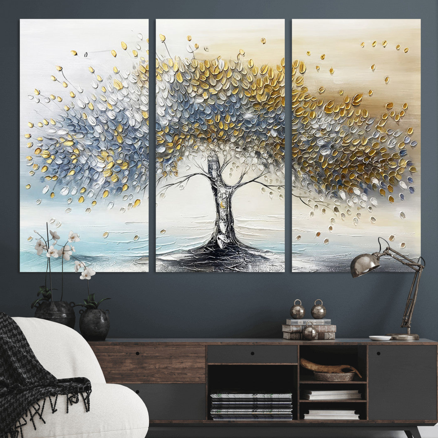 24771-MGV-CV-36X24-Silver Tree Wall Art Canvas Print, Framed Golden Leaves Art Picture Print, Metallic Tree Perfect Minimalist Luxury Decor Artwork