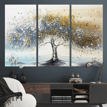 24771-MGV-CV-36X24-Silver Tree Wall Art Canvas Print, Framed Golden Leaves Art Picture Print, Metallic Tree Perfect Minimalist Luxury Decor Artwork