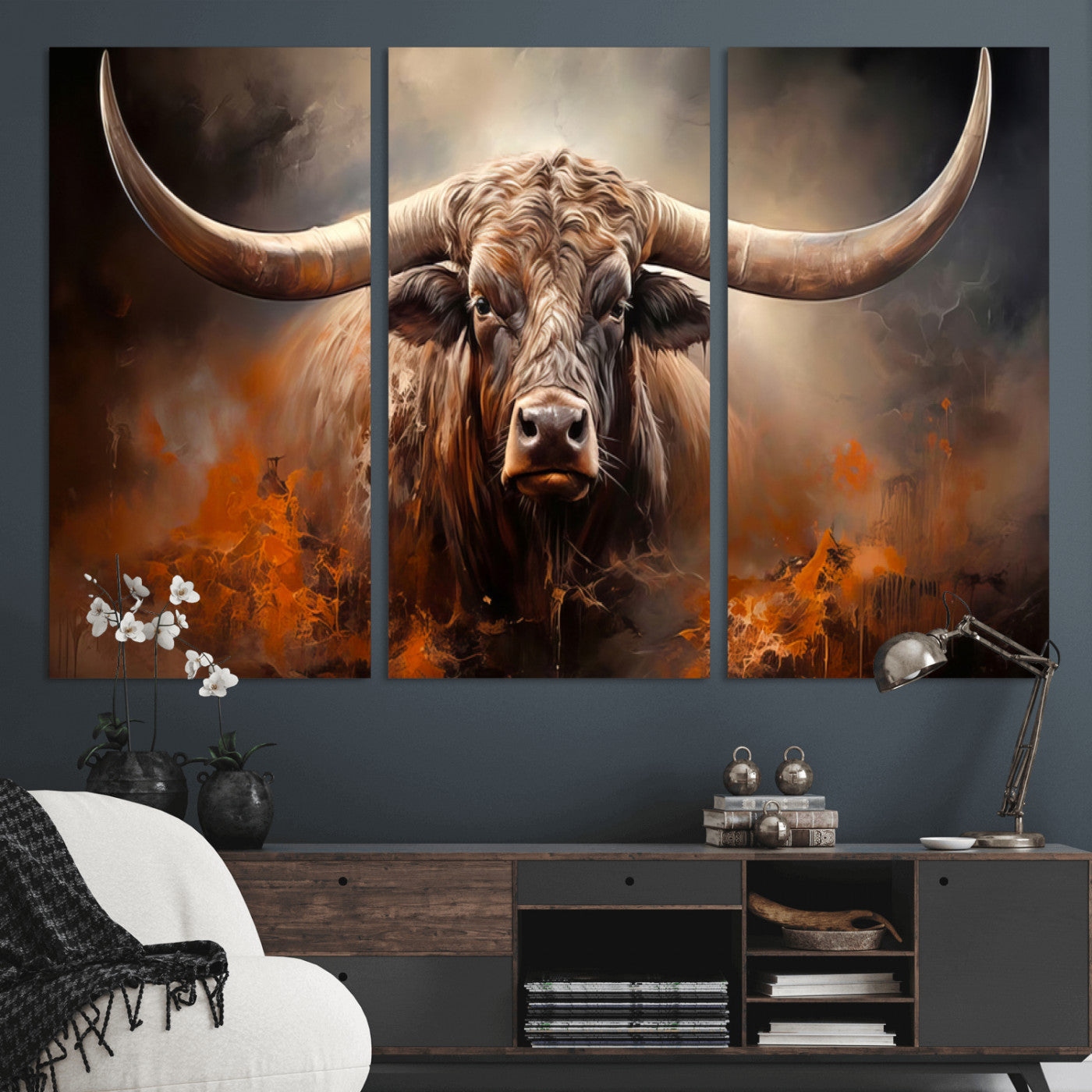 240479-MGV-CV-36X24-Longhorn Bull Wall Art – Dramatic Western Canvas Print Featuring Horned Bull with Fiery Background, Rustic Farmhouse Artwork for