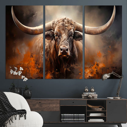 240479-MGV-CV-36X24-Longhorn Bull Wall Art – Dramatic Western Canvas Print Featuring Horned Bull with Fiery Background, Rustic Farmhouse Artwork for