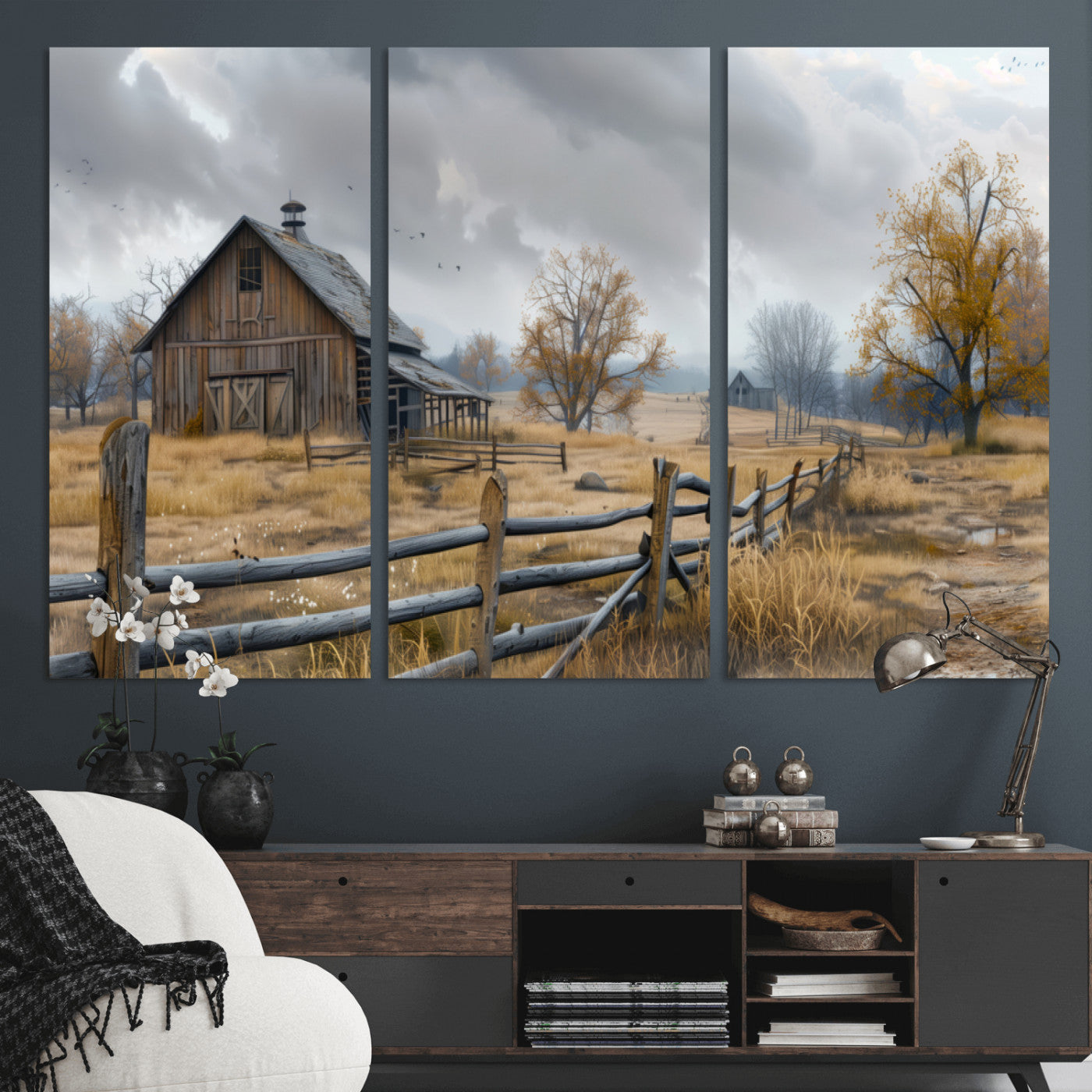 Farm1-MGV-CV-36X24-Rustic Autumn Farmhouse Wall Art – Serene Countryside Scene Canvas Print, Weathered Barn and Autumn Trees Decor for Living Room,