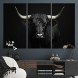 97914921-MGV-CV-36X24-Black Bull Wall Art Canvas Print, Framed Longhorn Bull Art Picture Print, Western Bull Perfect Monochrome Western Decor Artwork