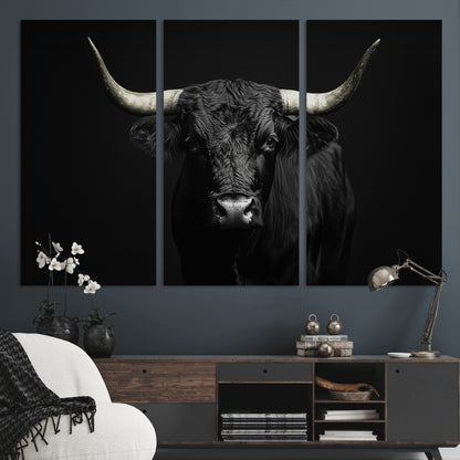 97914921-MGV-CV-36X24-Black Bull Wall Art Canvas Print, Framed Longhorn Bull Art Picture Print, Western Bull Perfect Monochrome Western Decor Artwork