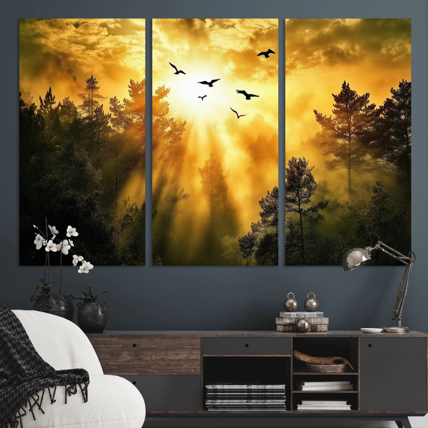 13776802-MGV-CV-36X24-Golden Forest Wall Art Canvas Print, Framed Sunset Pines Art Picture Print, Flying Birds Perfect Nature Glow Decor Artwork