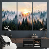56391411-MGV-CV-36X24-Misty Forest Wall Art Canvas Print, Framed Sunrise Pines Art Picture Print, Moody Pines Perfect Serene Woodland Decor Artwork