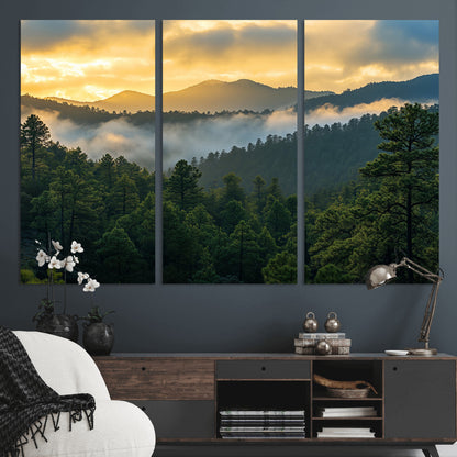 68082278-MGV-CV-36X24-Mountain Sunrise Wall Art Canvas Print, Framed Pine Forest Art Picture Print, Misty Mountains Perfect Earthy Woodland Decor