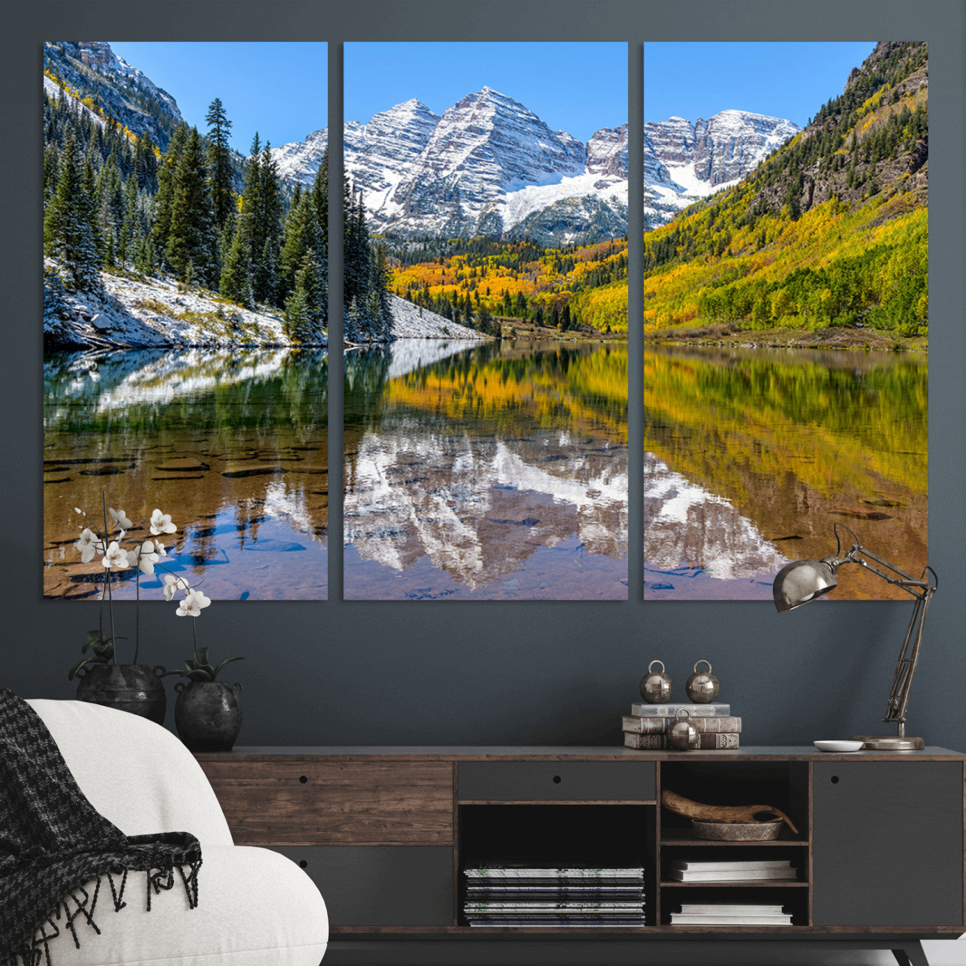 87724099-MGV-CV-36X24-Maroon Bells Wall Art Canvas Print, Framed Snowy Mountains Art Picture Print, Pine Forest Perfect Vibrant Alpine Decor Artwork