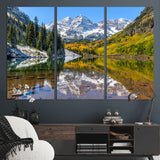 87724099-MGV-CV-36X24-Maroon Bells Wall Art Canvas Print, Framed Snowy Mountains Art Picture Print, Pine Forest Perfect Vibrant Alpine Decor Artwork